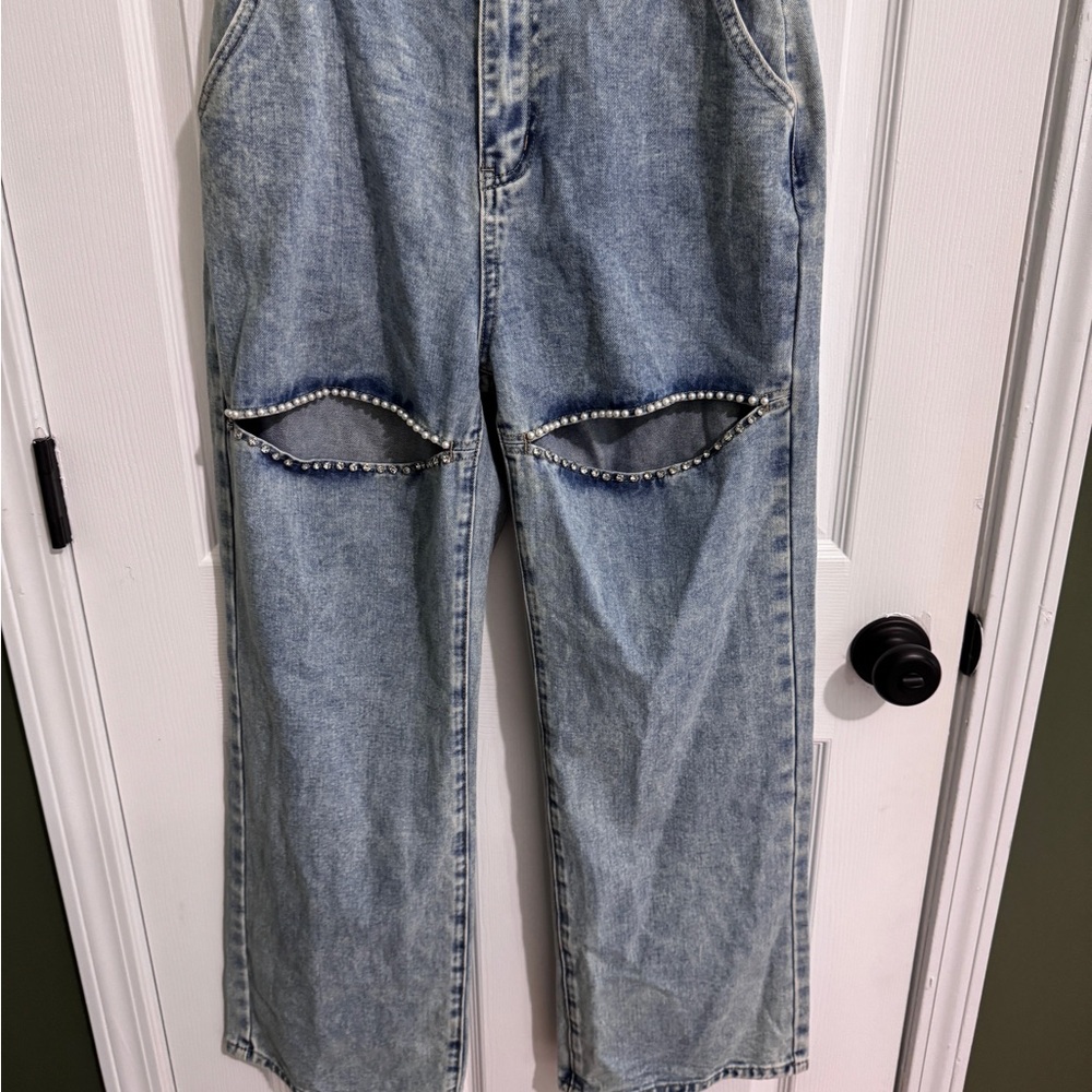Pearl crystal slit High Rise Blue Jeans wide leg Taylor swift